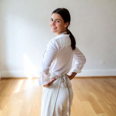 Smiling woman in apron looking back