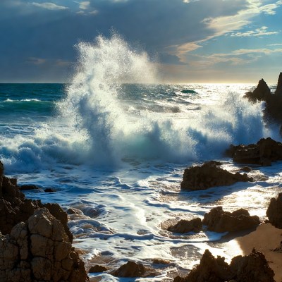 Ocean Waves Crashing on Rocks
