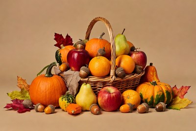 Autumn Harvest Basket with Pumpkins and Fruits