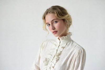 Woman in white ruffled collar blouse