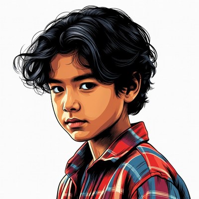 Asian boy in plaid shirt illustration
