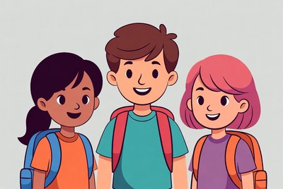 Three kids with backpacks smiling