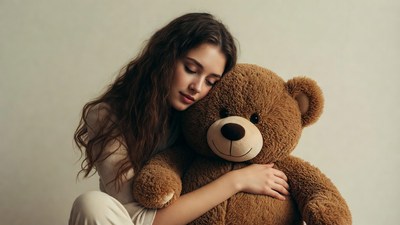 Woman hugging teddy bear