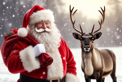 Santa Claus with reindeer in snow