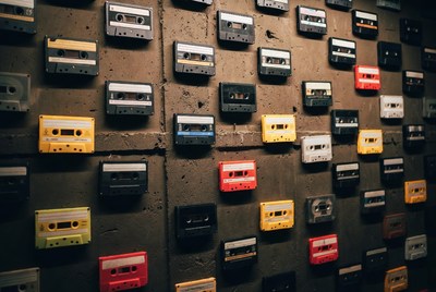 Colorful cassette tapes on wall