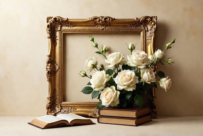 White Roses in Gold Frame with Books