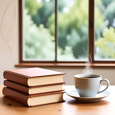 Stack of Books and Steaming Tea Cup
