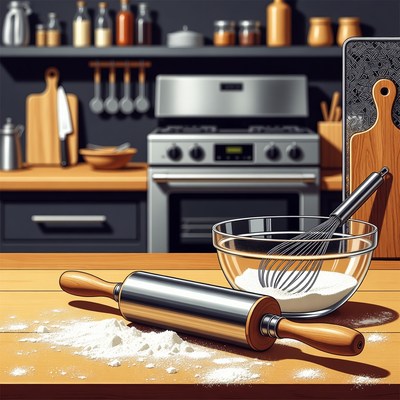 Rolling Pin and Whisk on Kitchen Counter