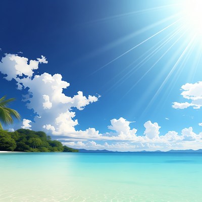 Tropical Beach with Palm Trees and Sun