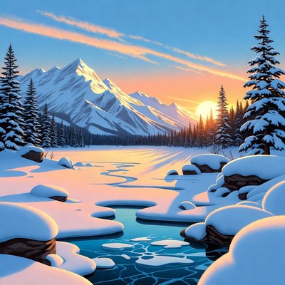 Snowy Mountain Sunset with Frozen Stream