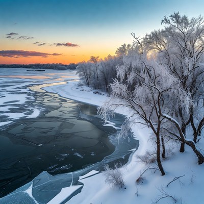 Frozen River with Snowy Trees at Sunset