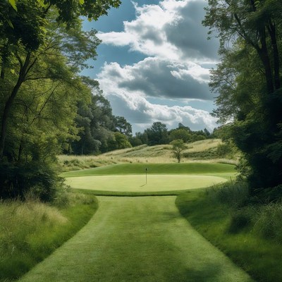 Golf green with flagstick in forest