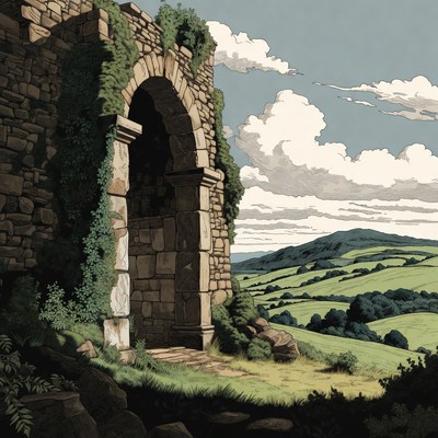 Ancient Stone Archway Overlooking Green Hills