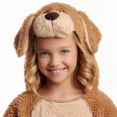 Girl smiling in teddy bear costume