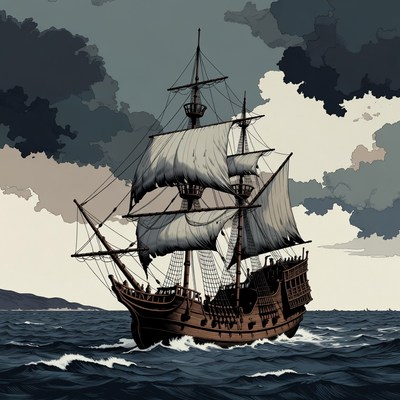 Sailing Ship in Stormy Sea