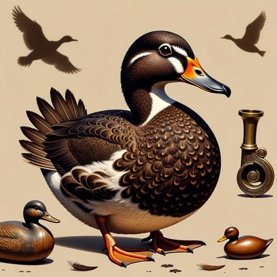 Wood Duck with Silhouettes and Wooden Ducks