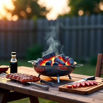 Glowing Charcoal Grill with Sausages
