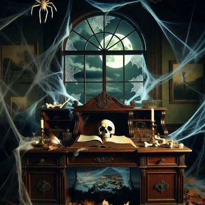 Spooky Skull on Cobwebbed Desk
