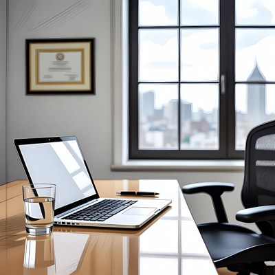 Laptop and Water Glass on Office Desk