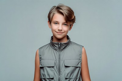 Boy in gray vest smiling