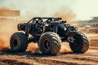 Man driving Mad Max truck in dirt race