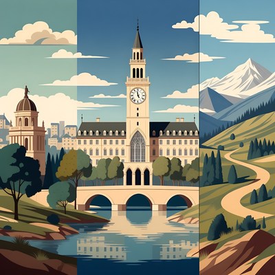 European Town with Clock Tower and Mountains
