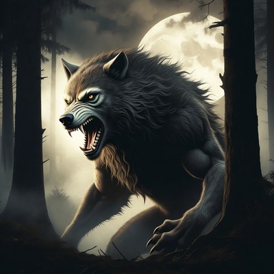 Roaring Werewolf in Moonlit Forest