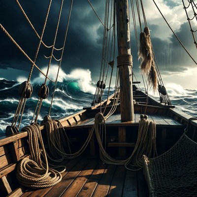 Sailing Ship in Stormy Ocean Waves