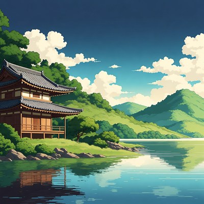 Traditional Japanese Pagoda by Lake