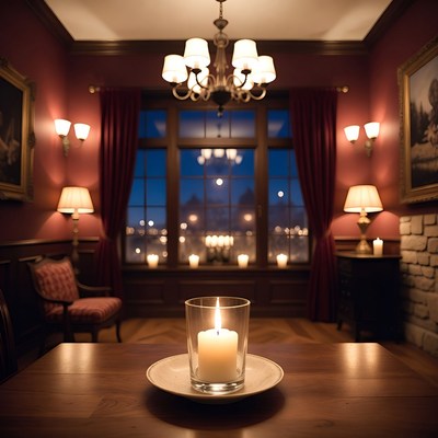 Candle on Table in Dimly Lit Room