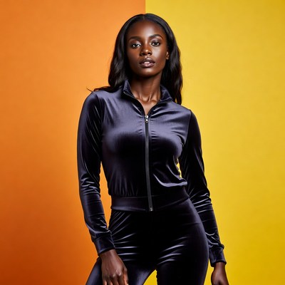 African-American woman in black velvet tracksuit