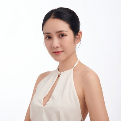 Asian woman in white halter dress