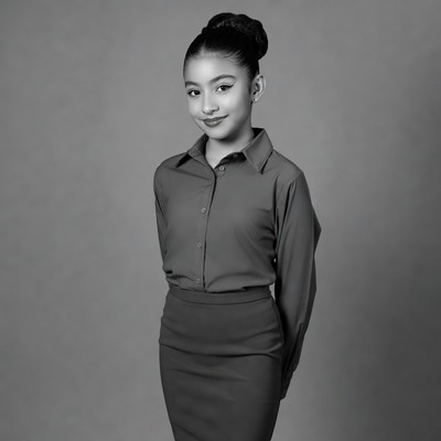 Asian girl in button-up shirt and skirt