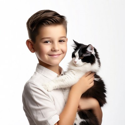Boy holding black and white cat