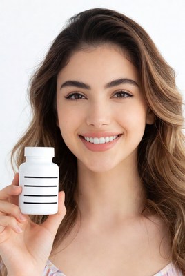 Smiling woman holding white pill bottle