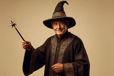 Elderly wizard holding magic wand