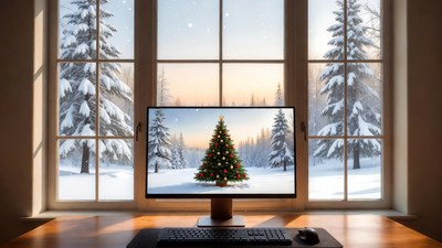 Computer screen showing snowy Christmas tree
