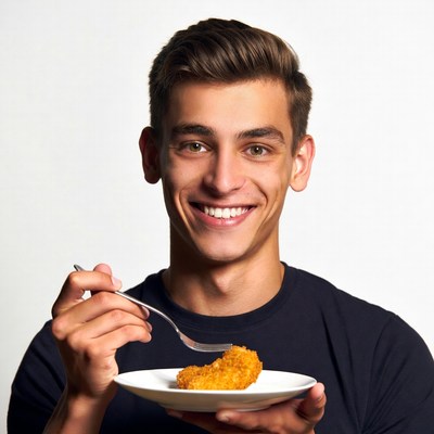 Young man eating chicken on fork