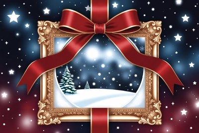 Gold Frame with Red Bow and Snowy Trees