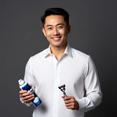 Asian man holding shaving cream and razor