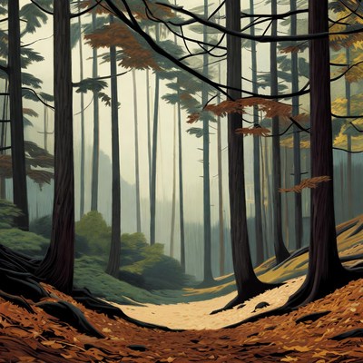 Misty Forest Path with Tall Trees