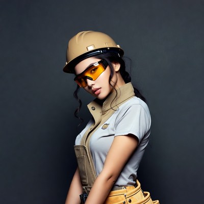 Asian woman in hard hat and safety gear
