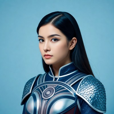 Asian woman in futuristic blue armor