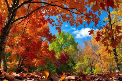 Autumn Forest with Vibrant Red Orange Trees