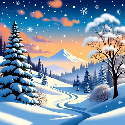 Snowy Mountain Landscape with Pine Trees