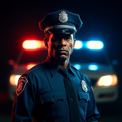African-American police officer with patrol car