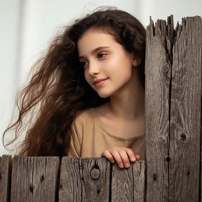 Girl peeking through wooden fence