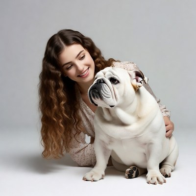 Woman hugging white bulldog