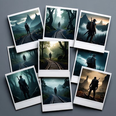 Polaroid Collage of Lone Swordsman in Forests