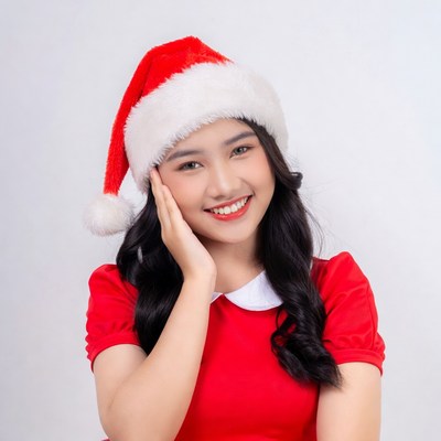 Asian woman in Santa hat smiling